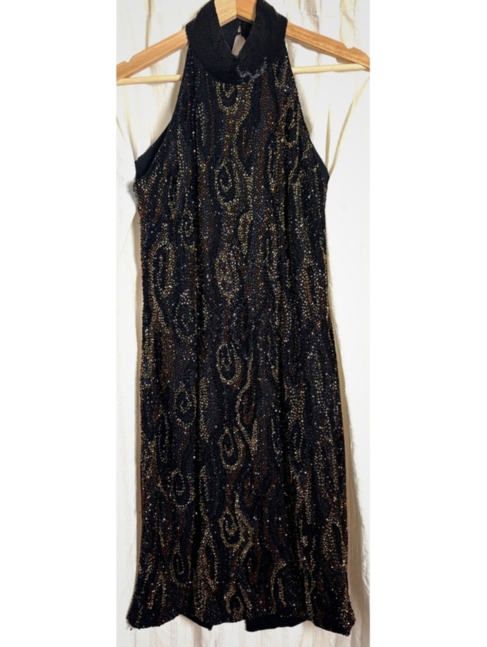 Rare Vintage Black Tie Oleg Cassini Black Gold Beaded Silk Halter Dress Size 12